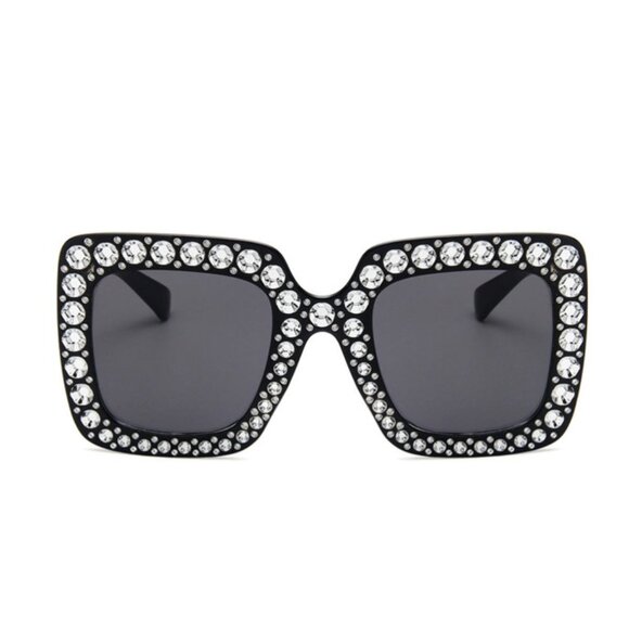 Retro Black Crystal Embellished‎ Chunky Oversized Square Sunglasses Shades - Picture 3 of 4